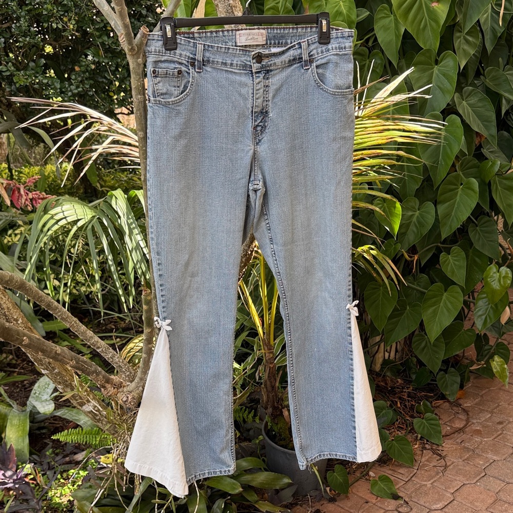 Upcycled Hand Created Faded Denim Jeans sz 14 White Cotton Flare